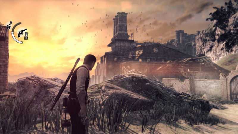 images shows a large church off in the distance, crows circling