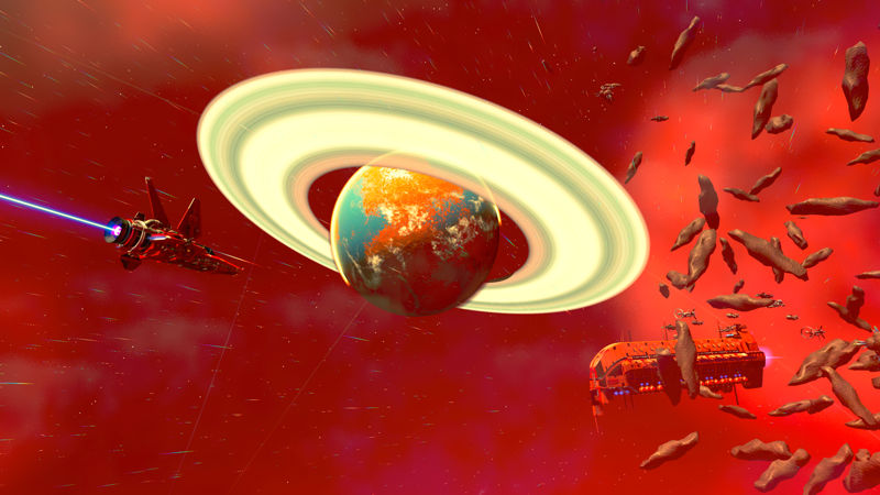 image show a solar system coloured red