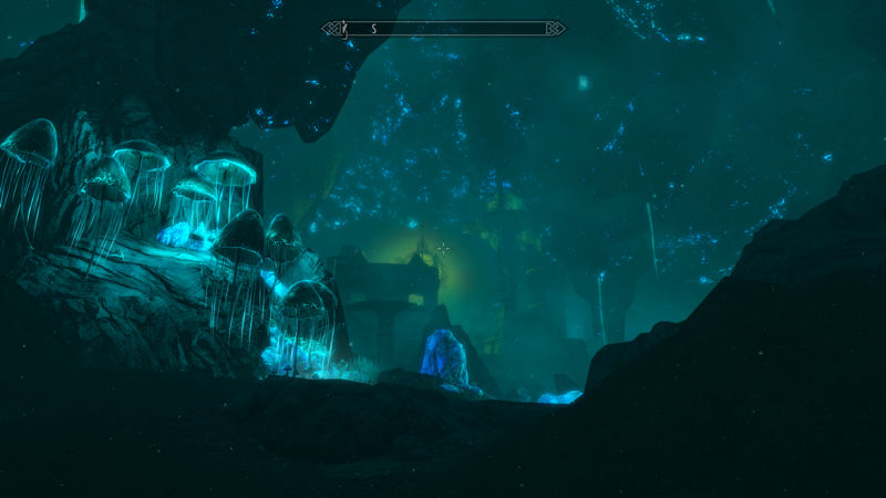 Image showing large, glowing mushrooms in a deep and lost cave.