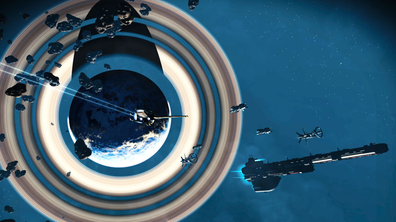 image shows a planet with a dust ring, my starship and other ships in the foreground