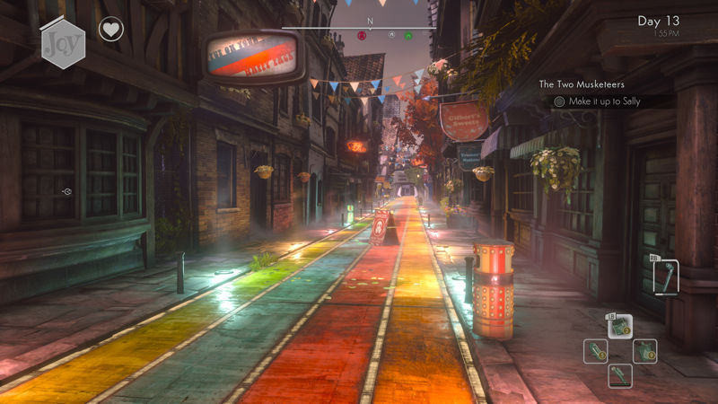 image shows a main street with olde worlde style shops